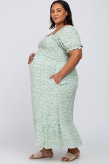 Mint Green Floral Sweetheart Neck Maternity Plus Midi Dress