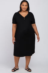 Black Button Neck Round Hem Maternity Plus Dress