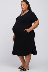 Black Button Neck Round Hem Maternity Plus Dress