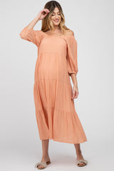 Peach Tiered Maternity Midi Dress