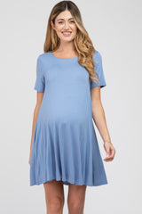 Blue Basic Short Sleeve Maternity Dress