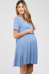 Blue Basic Short Sleeve Maternity Dress