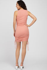 Peach Ribbed Ruched Tie Fitted Dress