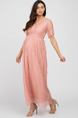 Light Pink Lace Short Sleeve Maternity Maxi Dress