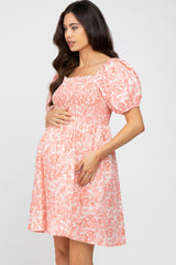 Peach Leaf Print Puff Sleeve Maternity Mini Dress