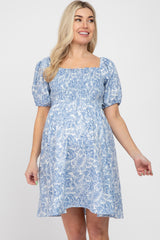 Blue Leaf Print Puff Sleeve Maternity Mini Dress