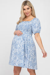 Blue Leaf Print Puff Sleeve Maternity Mini Dress