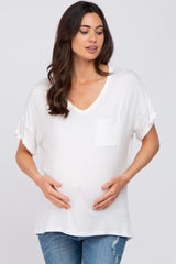White Basic Pocket Front Short Sleeve Maternity Top
