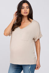 Beige Basic Pocket Front Short Sleeve Maternity Top