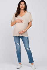 Beige Basic Pocket Front Short Sleeve Maternity Top