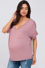 Pink Basic Pocket Front Short Sleeve Maternity Top