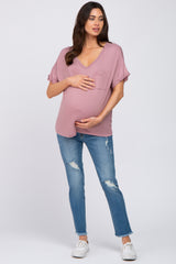 Pink Basic Pocket Front Short Sleeve Maternity Top