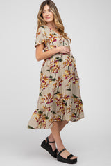Beige Floral Button Maternity Midi Dress