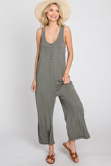 Olive Sleeveless Button Front Cropped Maternity Jumpsuit