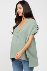 Light Olive V-Neck Rolled Cuff Maternity Blouse
