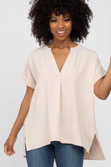 Beige V-Neck Rolled Cuff Maternity Blouse