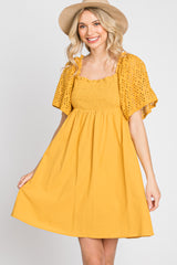 Yellow Smocked Front Crochet Shoulder Cut Out Back Dress