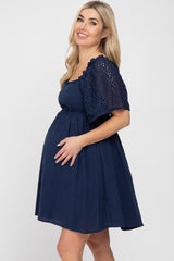 Navy Blue Smocked Front Crochet Shoulder Cut Out Back Maternity Dress