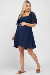 Navy Blue Smocked Front Crochet Shoulder Cut Out Back Maternity Dress