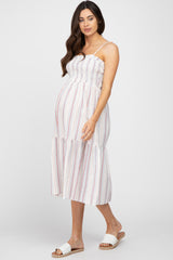 Red Striped Smocked Square Neck Maternity Midi Dress