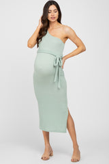 Mint Green Ribbed One Shoulder Side Slit Maternity Midi Dress