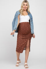 Brown Ditsy Floral Ruched Side Slit Maternity Skirt