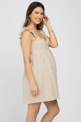 Beige Flutter Sleeve Maternity Mini Dress