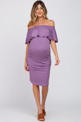 Lavender Off Shoulder Fitted Maternity Dress