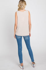 Beige Ribbed Raw Hem Tank Top