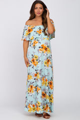 Light Blue Floral Off Shoulder Maternity Maxi Dress