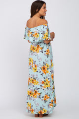 Light Blue Floral Off Shoulder Maternity Maxi Dress