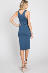 Denim Blue Fitted V-Neckline Midi Dress