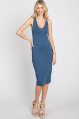 Denim Blue Fitted V-Neckline Midi Dress