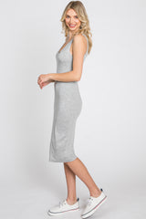 Heather Grey Fitted V-Neckline Midi Dress