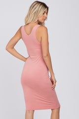 Light Pink Fitted V-Neckline Midi Dress