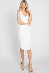Ivory Fitted V-Neckline Maternity Midi Dress
