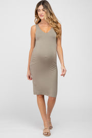 Olive Fitted V-Neckline Maternity Midi Dress