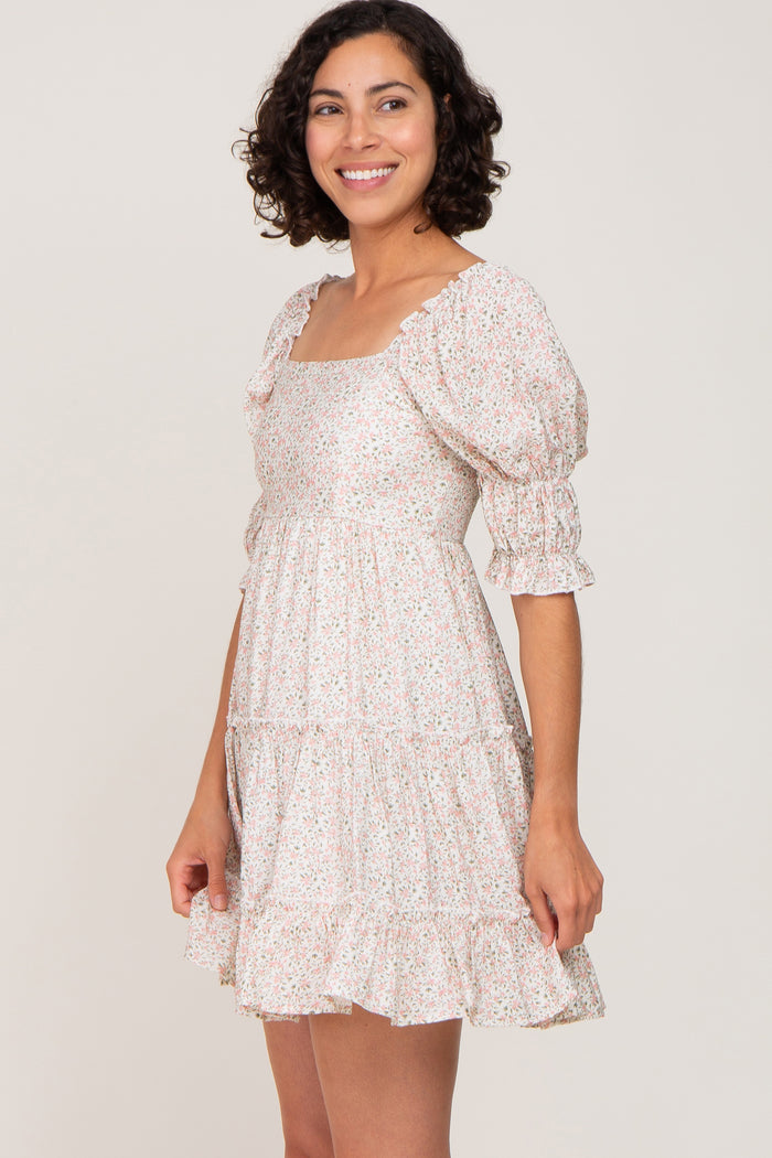 Ivory Floral Square Neck Ruffle Tiered Dress
