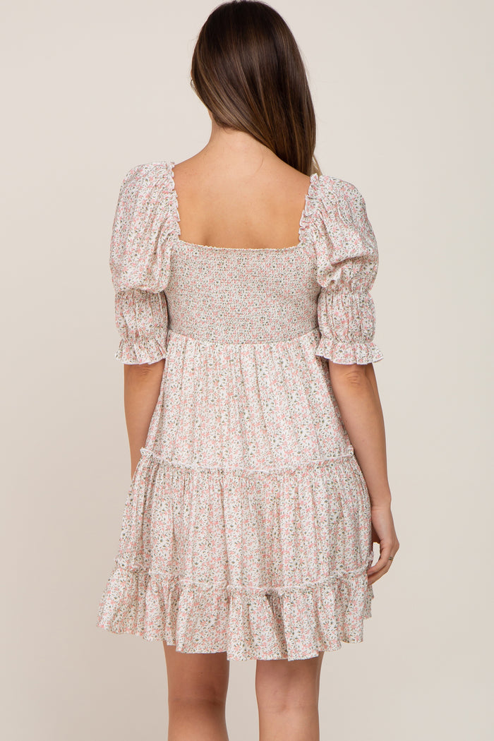 Ivory Floral Square Neck Ruffle Tiered Maternity Dress