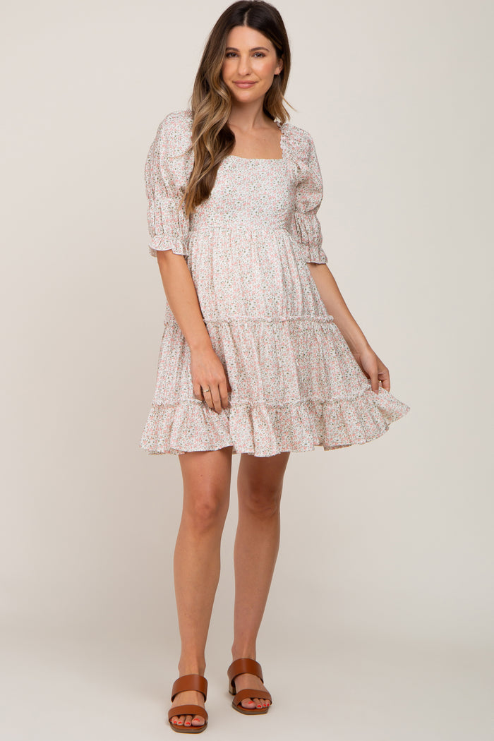 Ivory Floral Square Neck Ruffle Tiered Maternity Dress