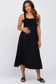 Black Smocked Ruffle Strap Maternity Midi Dress