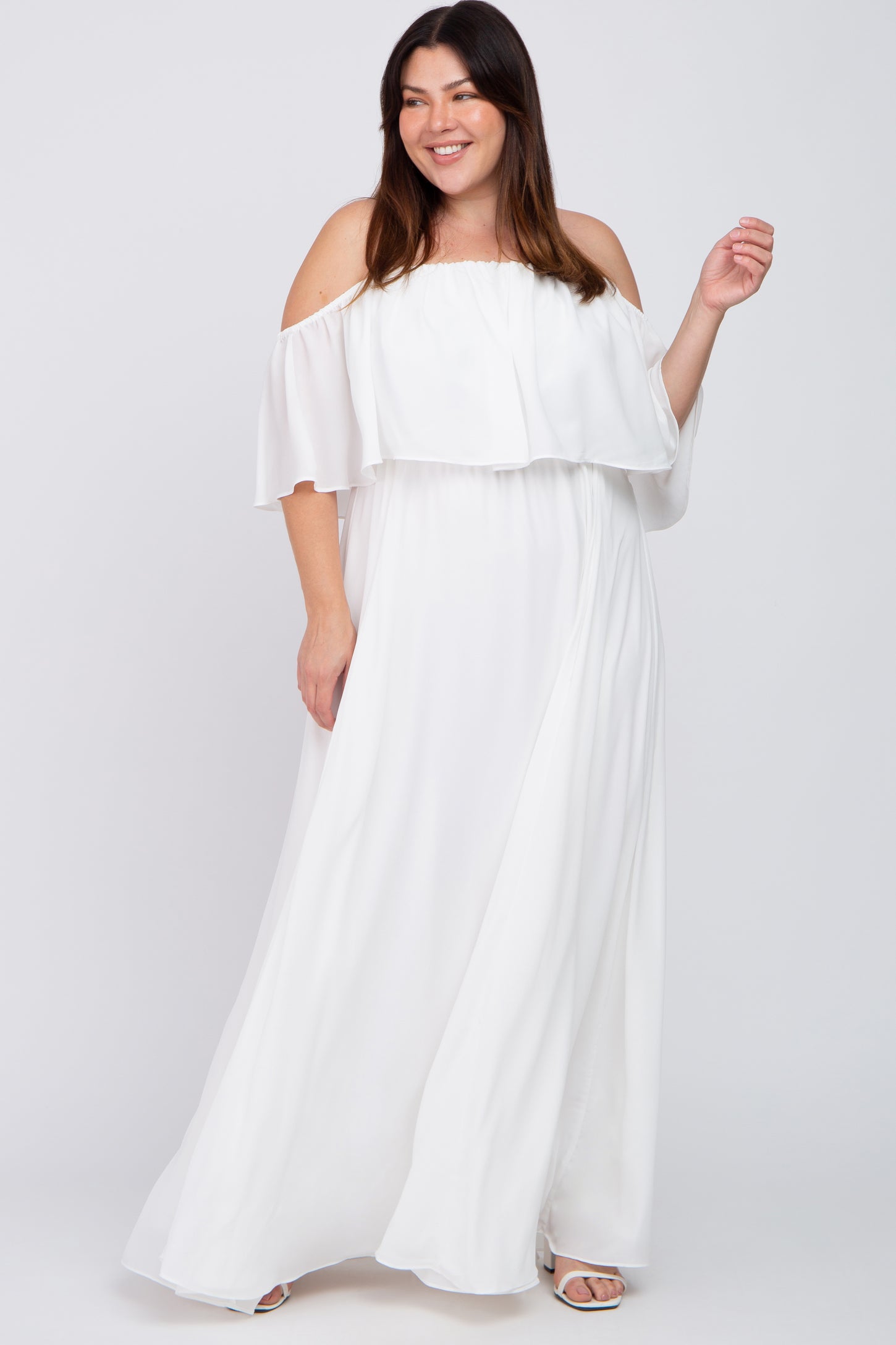 White Chiffon Off Shoulder Maternity Plus Gown