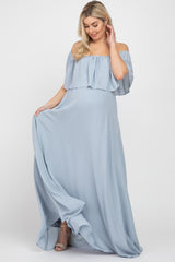 Light Blue Chiffon Off Shoulder Maternity Gown