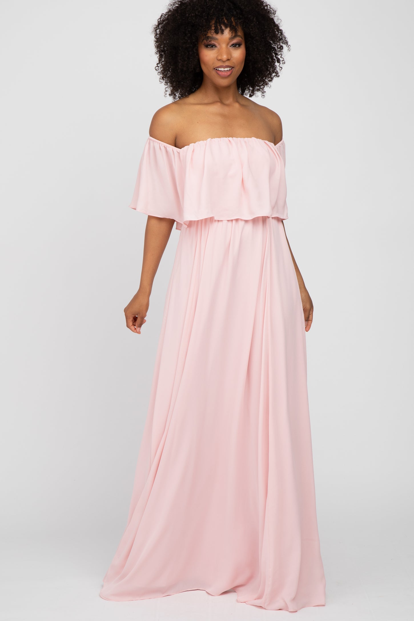 Light Pink Chiffon Off Shoulder Gown