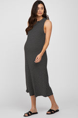 Black Striped Ribbed Maternity Midi Dress