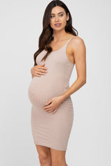 Mocha Ribbed Knit Fitted Maternity Dress