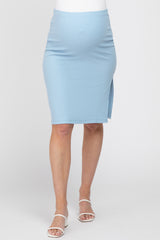 Light Blue Ribbed Side Slit Maternity Skirt