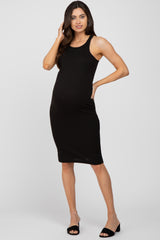 Black Ribbed Sleeveless Maternity Midi Dress