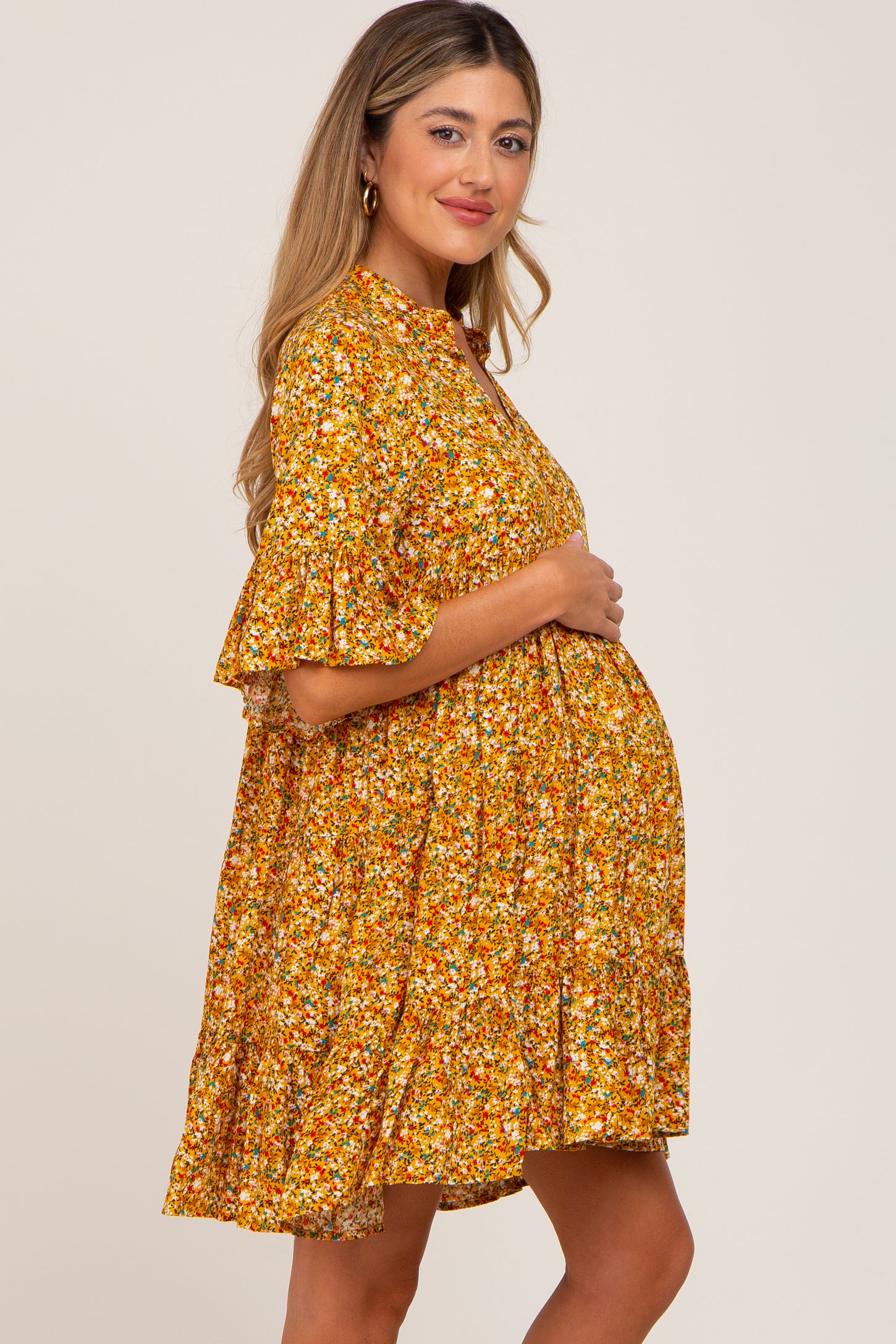 Yellow Floral Ruffle Sleeve Tiered Maternity Dress