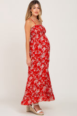 Red Floral Sleeveless Tiered Maternity Maxi Dress
